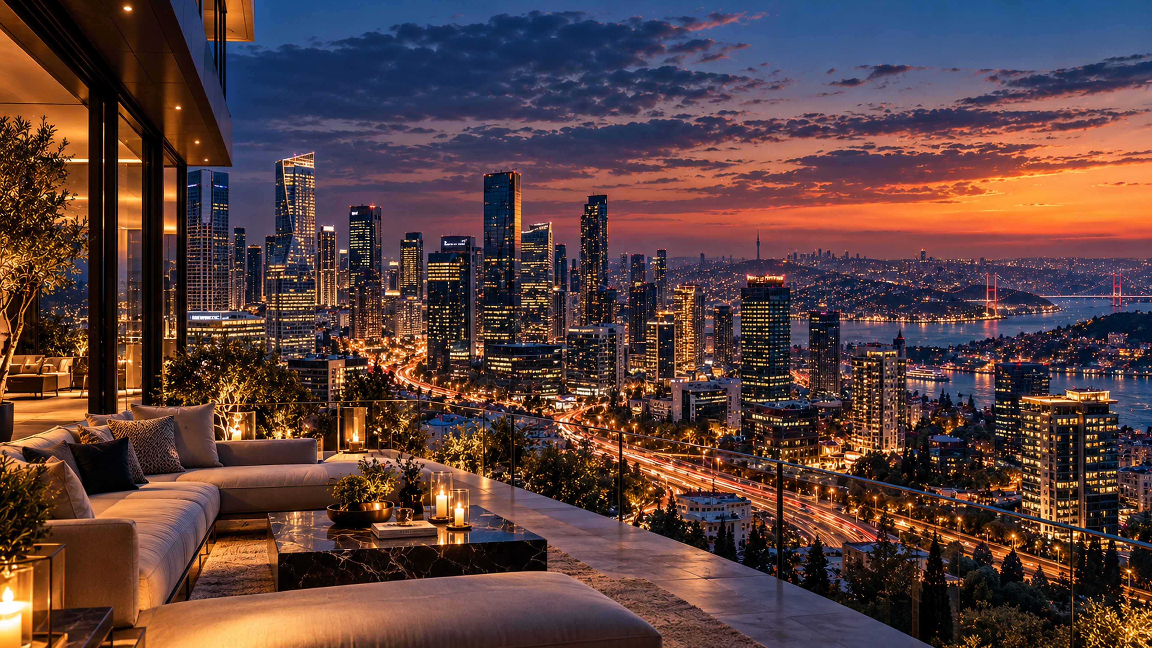 Istanbul business districts and Bosphorus at blue hour