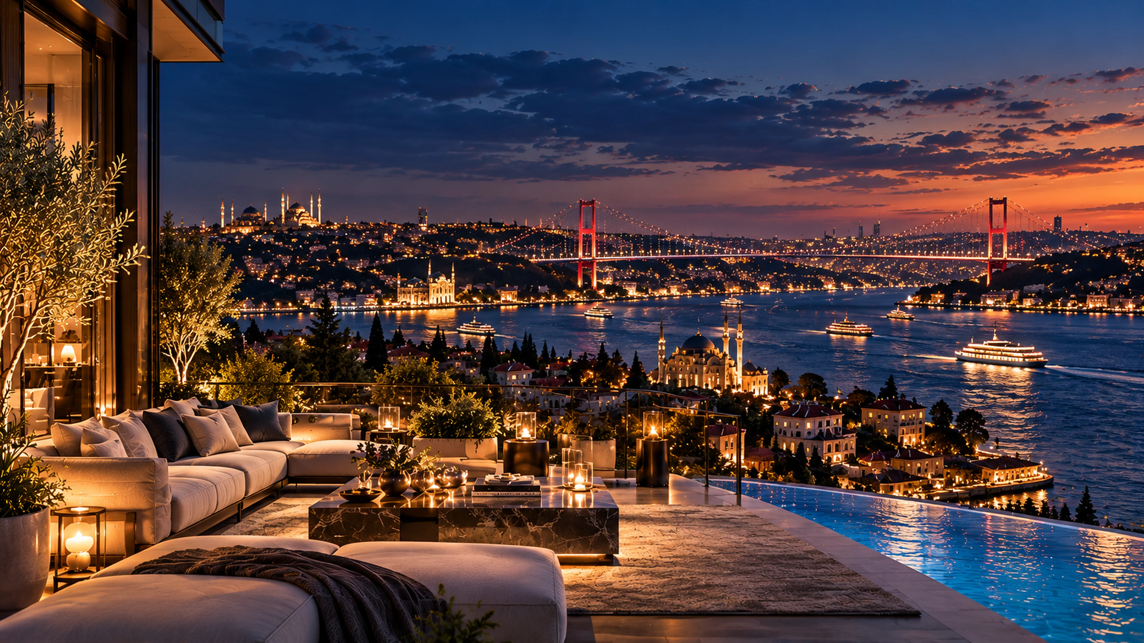 Bosphorus waterfront and illuminated bridge